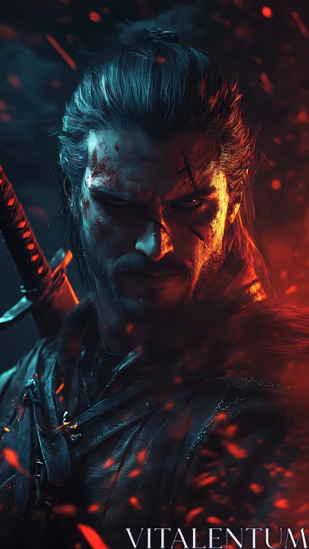 Bladeworn warrior stalks through embers and shadowed firestorm.