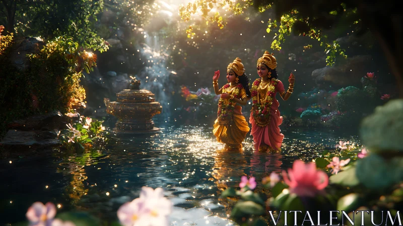 Digital painting of divine figures in luminous forest pool.