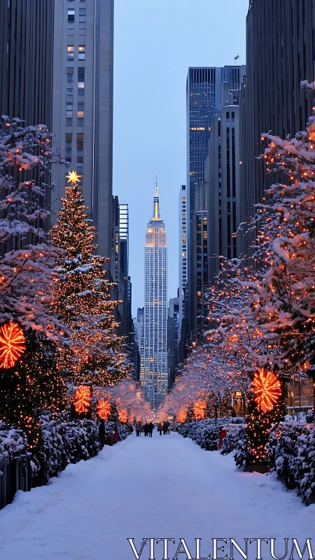 Snowlit city promenade crowned by a glowing winter spire.