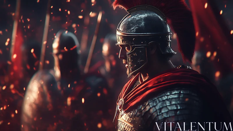 Roman soldier in armor stands amid sparks and comrades