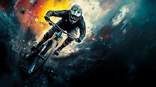 Downhill mountain biker in dynamic angled motion scene.