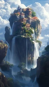 Floating Palace Castle Perched Above Cascading Waterfall.