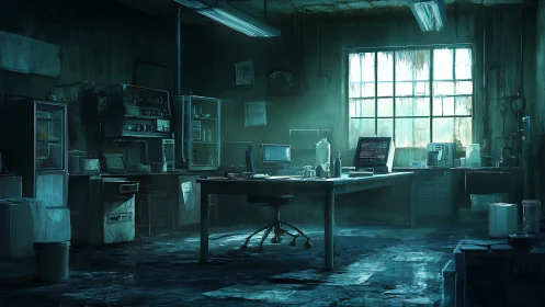 Abandoned cyber lab glows with cold, haunted computer light