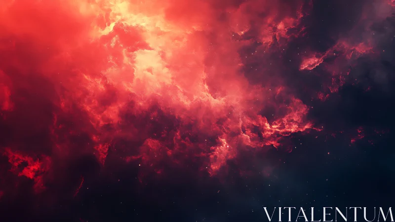 Blazing red nebula cloudscape across dark cosmic void.