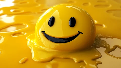 Glossy smiley face melts playfully into liquid yellow