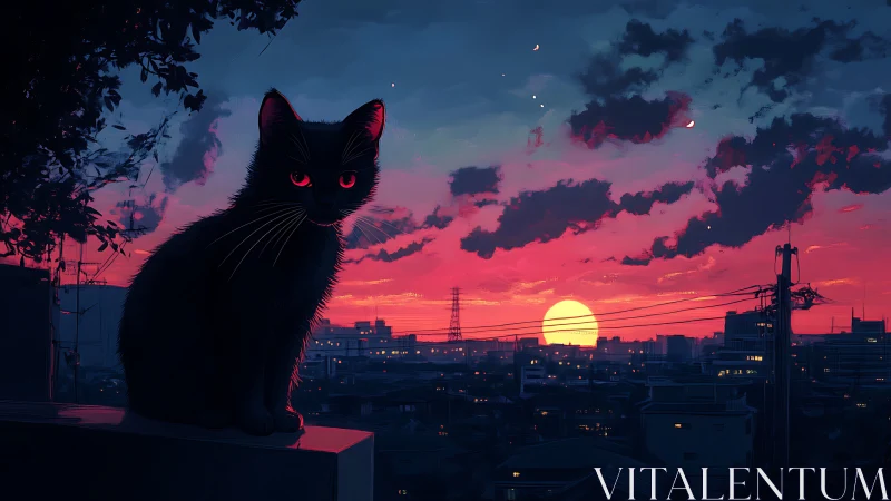 Soft eyed black cat watching a dreamy neon city sunset.