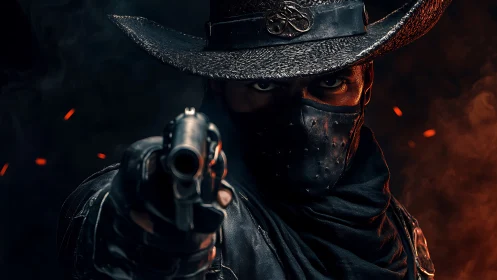 Masked gunslinger aiming revolver in dramatic orange light.