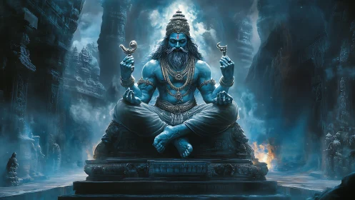 Mythic blue deity in luminescent temple atmosphere, frontal.