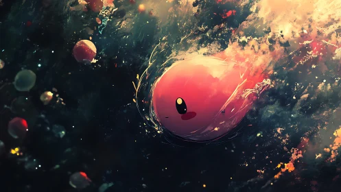 Pink spherical creature traverses turbulent abstract fluid field