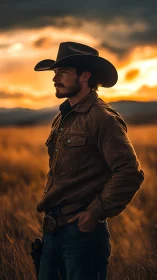 Sunset cowboy carves a bronze silhouette on wild prairie.