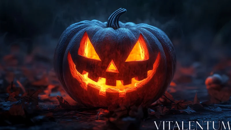Jack o lantern grins wickedly through swirling autumn fog