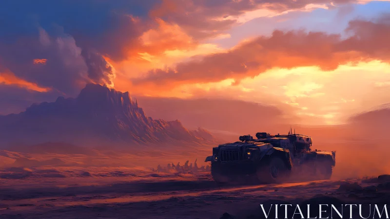 Armored truck crossing volcanic desert at blazing sunset.