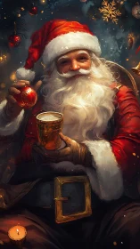 Santa holds festive beer under warm Christmas lights