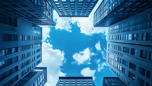 Sky-framed city towers meeting bright wandering clouds.