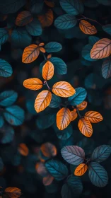 Opposed teal and orange foliage under shallow depth of field