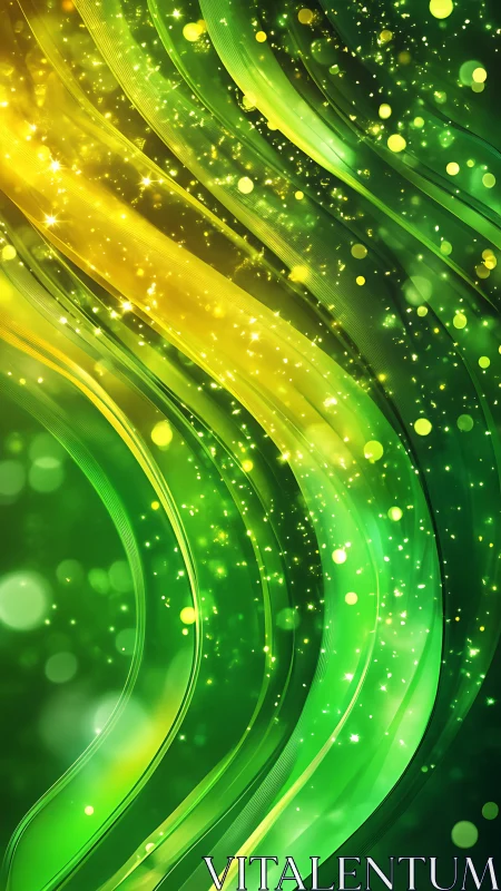 Green and yellow abstract light waves with particles.