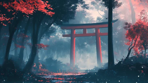 Silent torii gate whispers through misty crimson forest