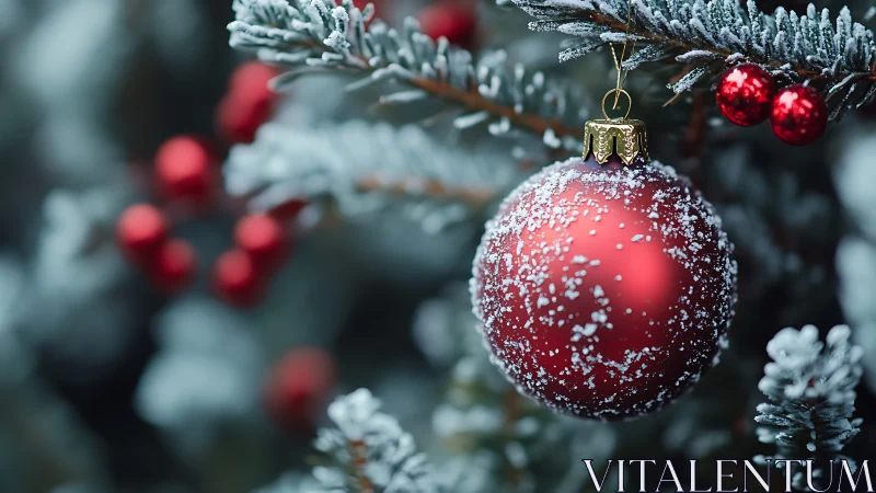 Macro optical study of frosted red bauble on spruce branch.