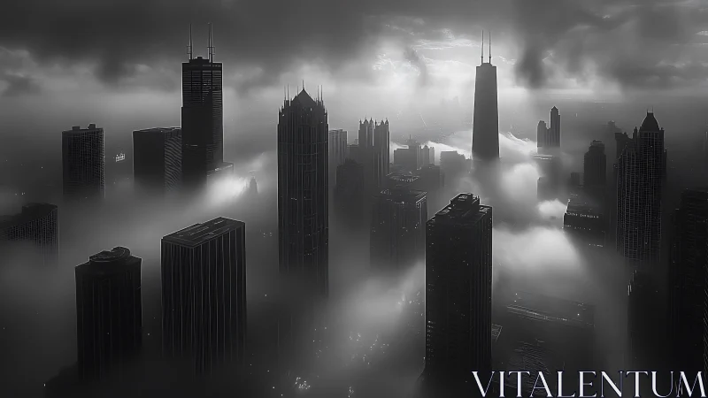 Skyscraper sentinels pierce stormy fog in monochrome hush