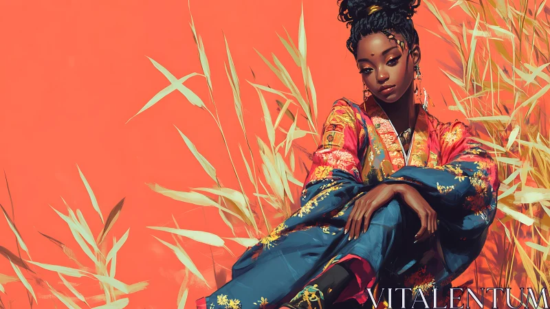 Regal woman in ornate kimono against bold coral field.