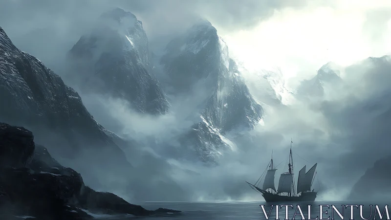 Stormlit schooner threading icy fjord of ghostly giants.