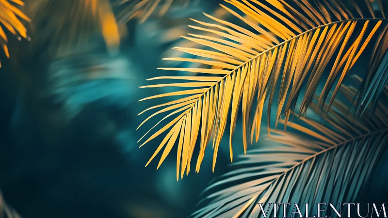 Golden cyan palm fronds in soft bokeh tropical abstraction.