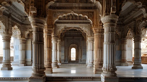 Intricate stone temple hall with carved pillars and arches.