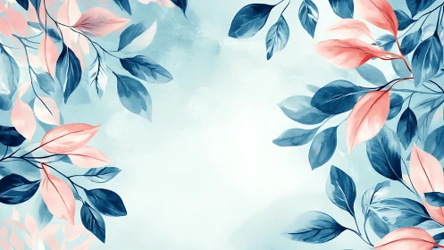 Soft blue background with pink and navy watercolor leaves.