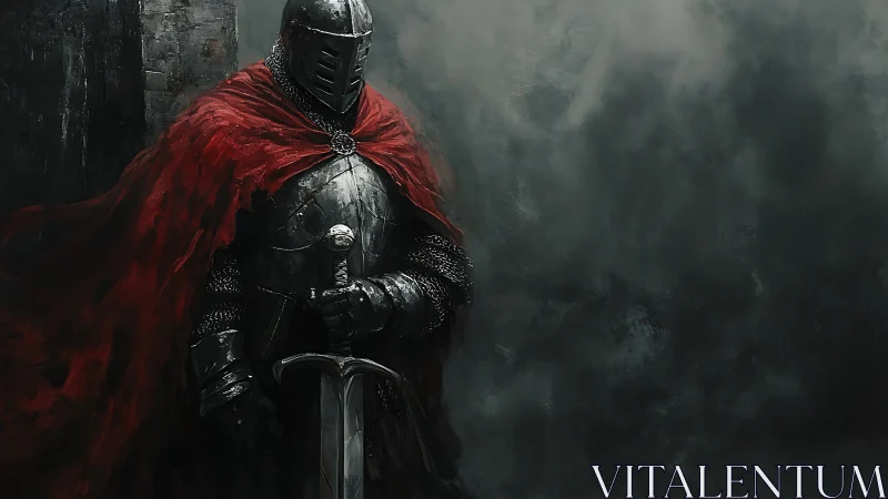 Silent iron guardian wrapped in storm-torn crimson cloth.