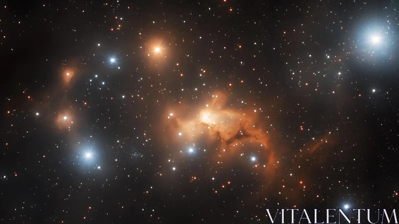 Star field with orange nebula and bright scattered points.