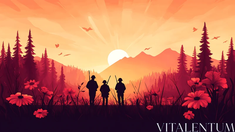Silhouetted hikers in stylized forest at sunset horizon.