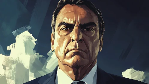 Stoic male portrait in angular digital painting style.