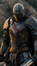 Weathered armored knight stands ready in warm evening light