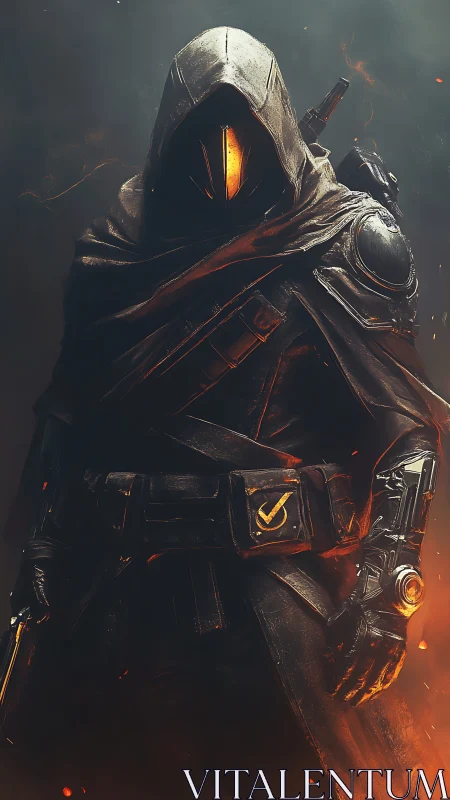 Mysterious hooded warrior glowing with ember-lit resolve.