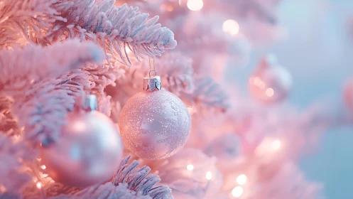 Shallow depth captures frosted pastel ornaments on illuminated tree