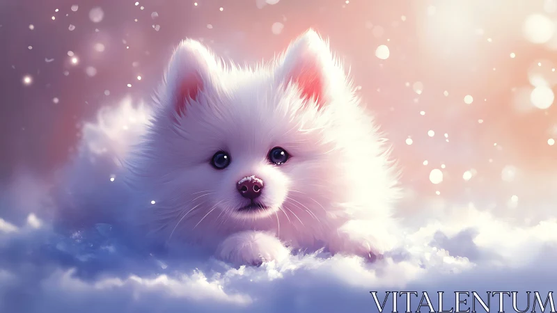 Snowlit white puppy lying in dreamy pastel winter glow.
