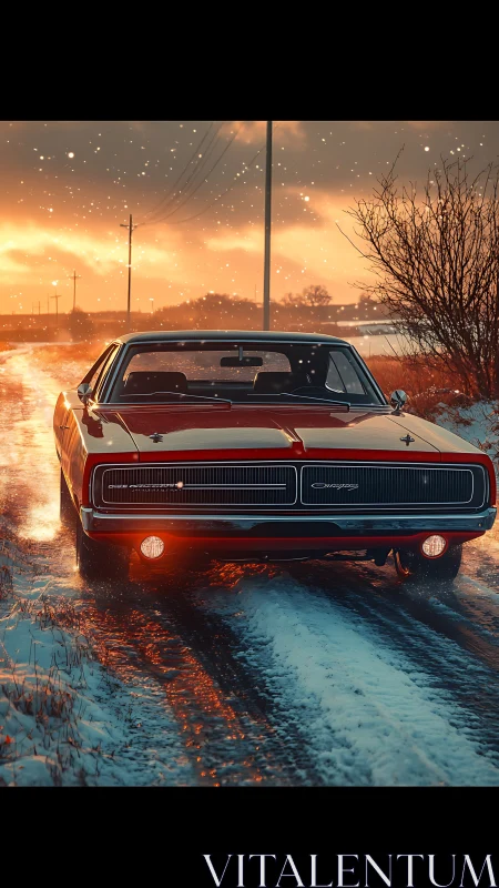 Low-angle Dodge Charger on icy rural road under warm sunset snowfall