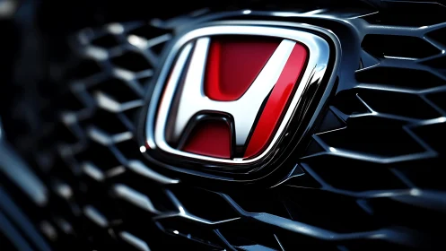 Bold red Honda emblem shining on a modern black grille.