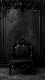 Opulent black throne in a moody, darkly elegant room.