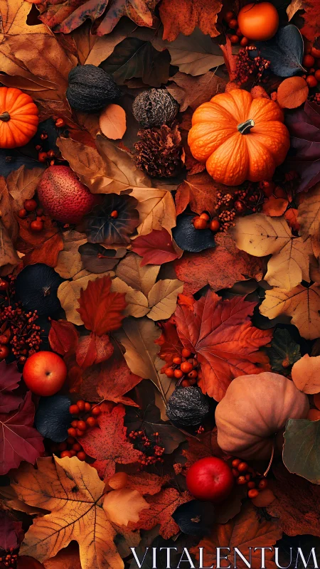 High-detail autumn still life with pumpkins, apples, nuts, foliage