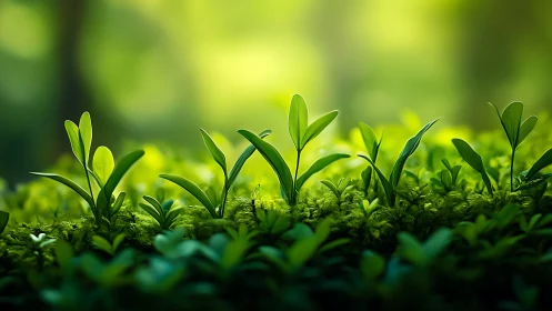 Fresh green seedlings in soft sunlight, nature macro photography.