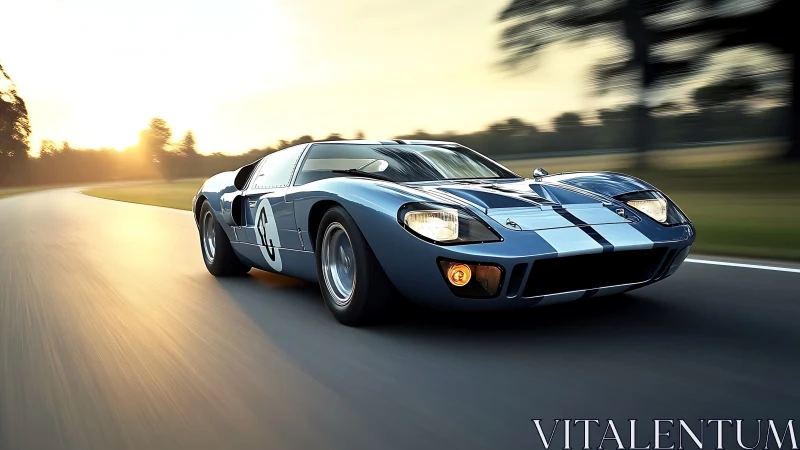 Low-angle panning study of blue race car on sunlit circuit