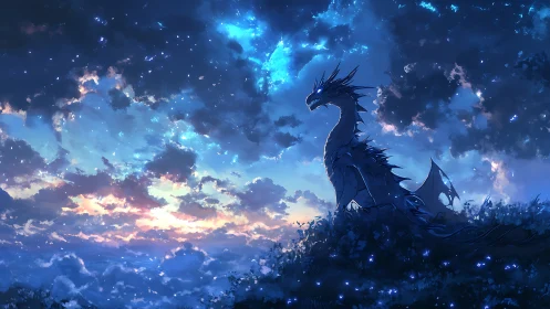 Celestial dragon watches glowing clouds at twilight sky.