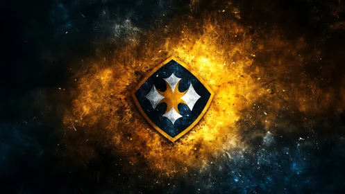 Heraldic shield emblem on fiery blue and gold background.