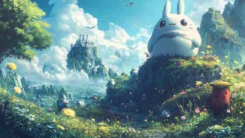 Giant bunny spirit overlooking lush floating kingdom valley.