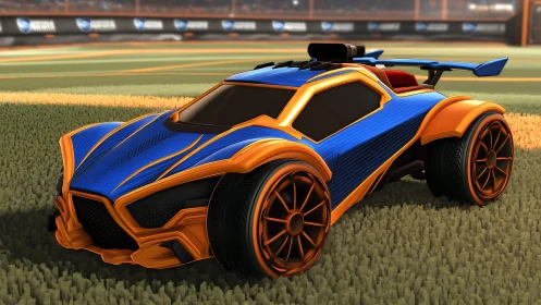 Blue and orange rocket-powered car on stadium grass field.