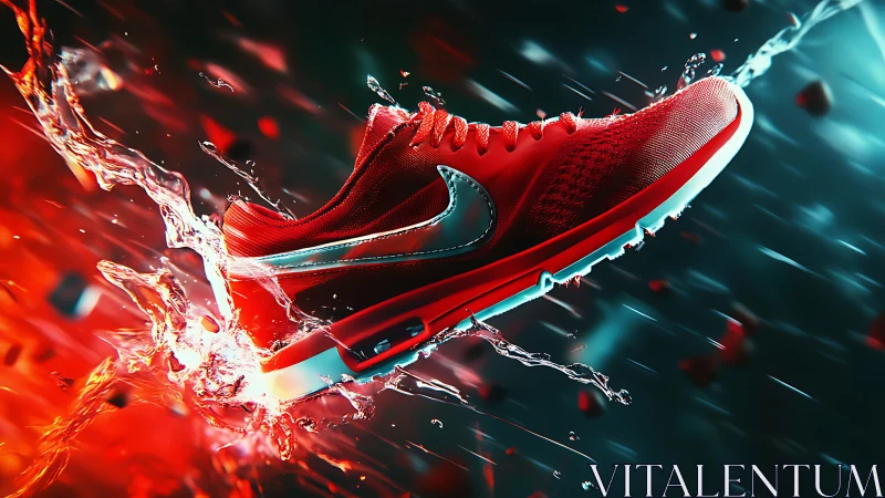 Dynamic 3D sports sneaker suspended in liquid motion field.