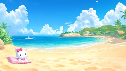 Tropical Beach Paradise with Kawaii Character at Sunrise.