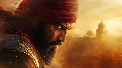 Battleworn warrior in red turban against hazy domed skyline