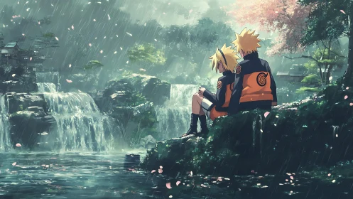 Twin shinobi silhouettes beside misted forest waterfalls.